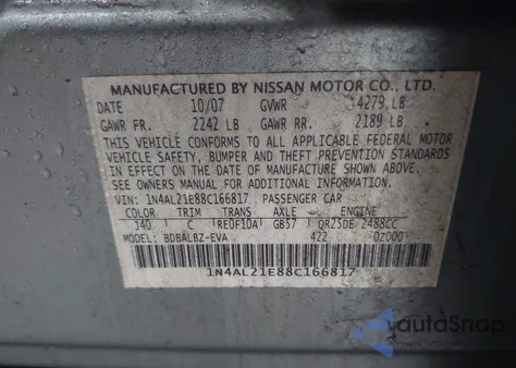 2008 Nissan Altima 2.5 S from USA, damaged, VIN 1N4AL21E88C166817